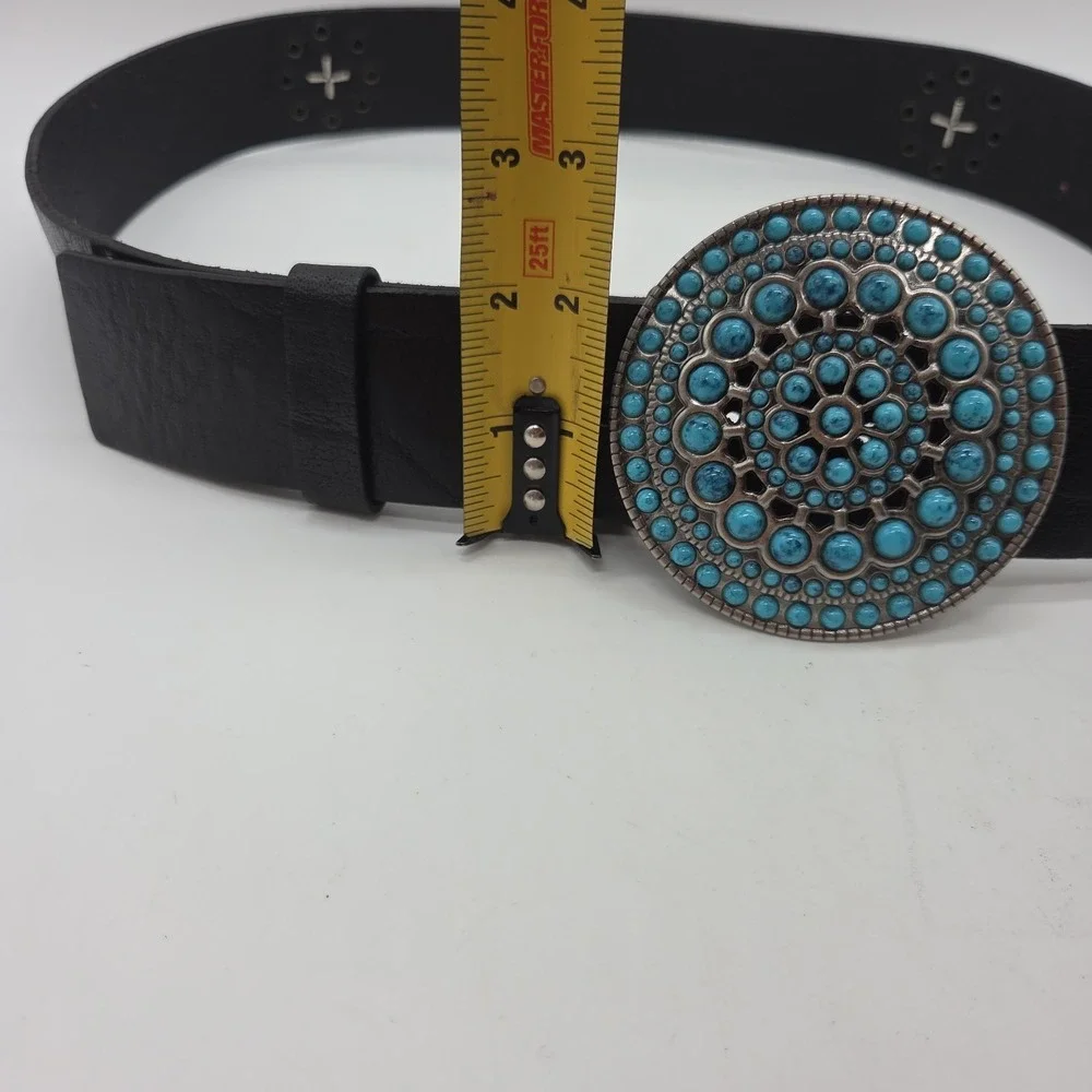 Vintage Boho Genuine Leather Belt Turquoise Stone Medallion Buckle Western LARGE